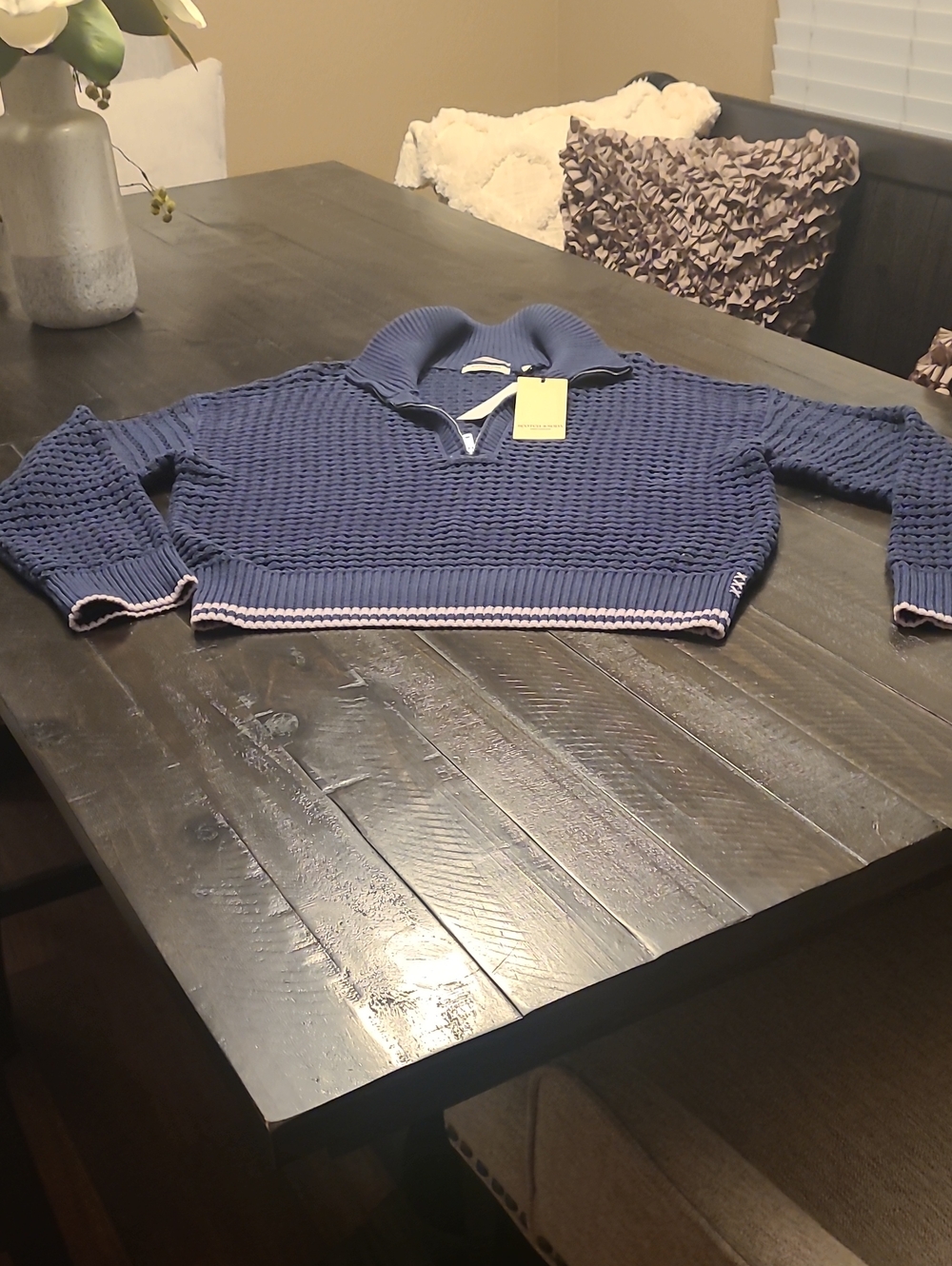 Womens Navy Knit Half-Zip Sweater with Contrast Trim SZ L